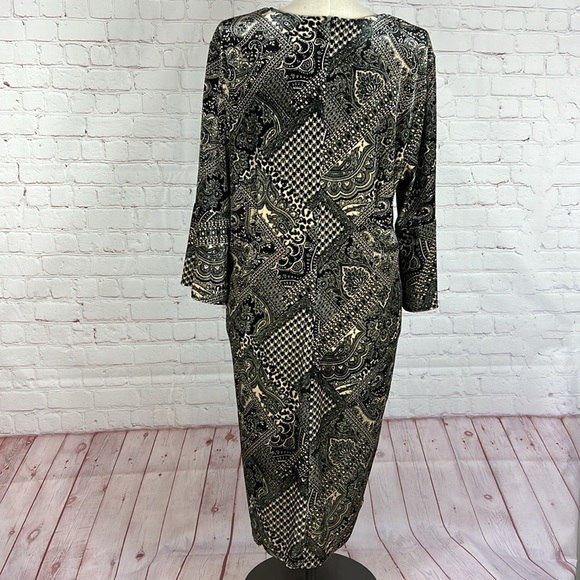 Serengeti Black Tan Paisley Plaid Bell Sleeve Sheath Midi Dress Size 3X - Picture 2 of 7